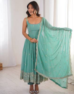 Women rama blue gorgette embroidery work detailing kurta set with dupatta 4