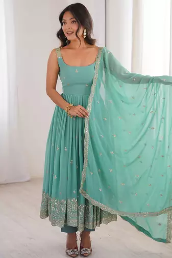 Women rama blue gorgette embroidery work detailing kurta set with dupatta