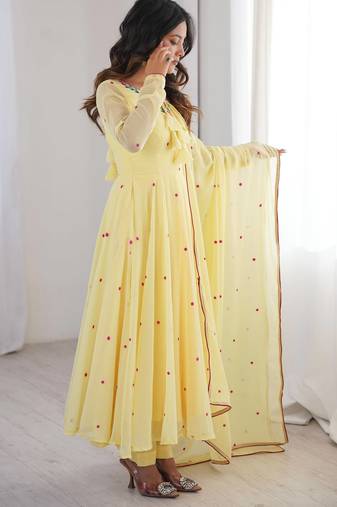 Women yellow gorgette embroidery work detailing kurta set with dupatta