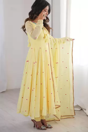 Women yellow gorgette embroidery work detailing kurta set with dupatta
