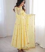 Women yellow gorgette embroidery work detailing kurta set with dupatta