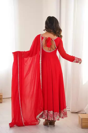 Women red gorgette embroidery work detailing kurta set with dupatta