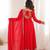 Women red gorgette embroidery work detailing kurta set with dupatta