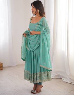 Women rama blue gorgette embroidery work detailing kurta set with dupatta 5