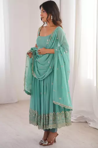 Women rama blue gorgette embroidery work detailing kurta set with dupatta