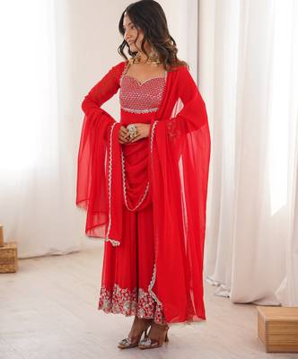 Women red gorgette embroidery work detailing kurta set with dupatta 4