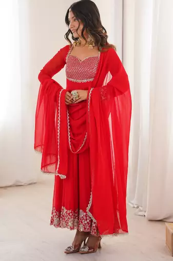 Women red gorgette embroidery work detailing kurta set with dupatta