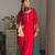 Women red silk embroidery work detailing kurta set with dupatta