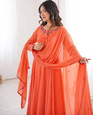 Women orange gorgette embroidery work detailing kurta set with dupatta 1