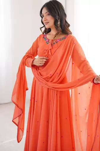 Women orange gorgette embroidery work detailing kurta set with dupatta