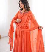 Women orange gorgette embroidery work detailing kurta set with dupatta