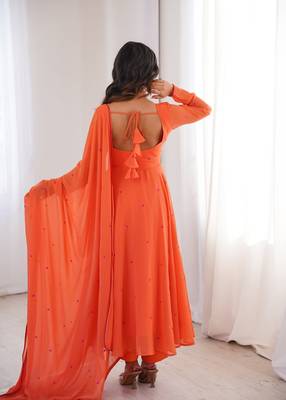 Women orange gorgette embroidery work detailing kurta set with dupatta 2