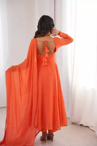 Women orange gorgette embroidery work detailing kurta set with dupatta
