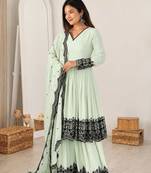 Women pista gorgette embroidery work detailing kurta set with dupatta