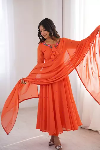 Women orange gorgette embroidery work detailing kurta set with dupatta