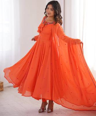 Women orange gorgette embroidery work detailing kurta set with dupatta 4