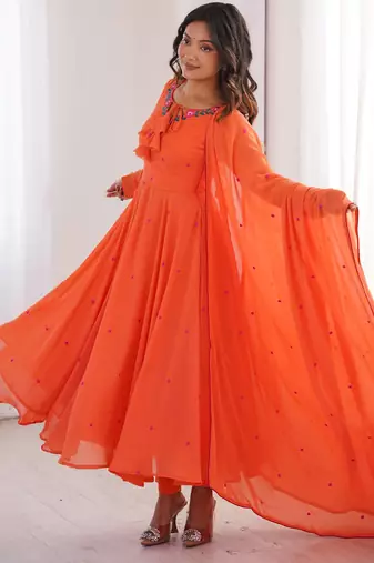 Women orange gorgette embroidery work detailing kurta set with dupatta