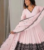Women light pink gorgette embroidery work detailing kurta set with dupatta