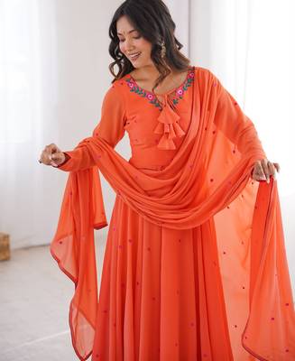 Women orange gorgette embroidery work detailing kurta set with dupatta 5