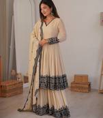 Women off white gorgette embroidery work detailing kurta set with dupatta