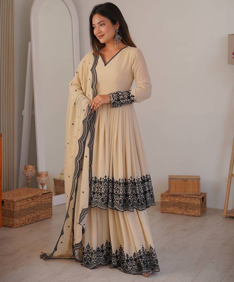 Women off white gorgette embroidery work detailing kurta set with dupatta