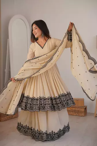 Women off white gorgette embroidery work detailing kurta set with dupatta