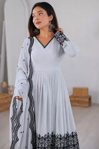 Women white gorgette embroidery work detailing kurta set with dupatta