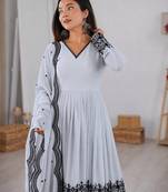 Women white gorgette embroidery work detailing kurta set with dupatta