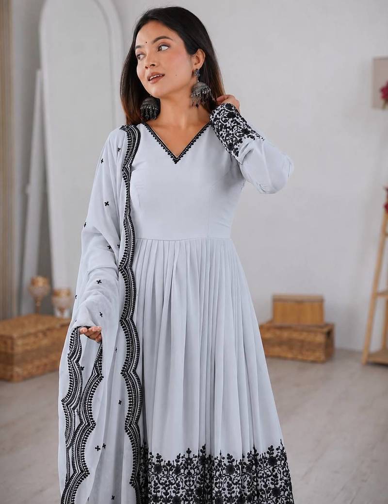 Women white gorgette embroidery work detailing kurta set with dupatta