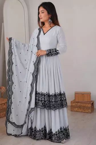 Women white gorgette embroidery work detailing kurta set with dupatta