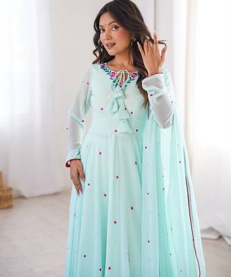 Women sky blue gorgette embroidery work detailing kurta set with dupatta 1