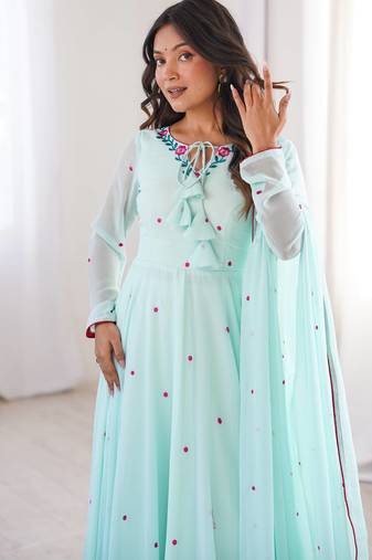 Women sky blue gorgette embroidery work detailing kurta set with dupatta