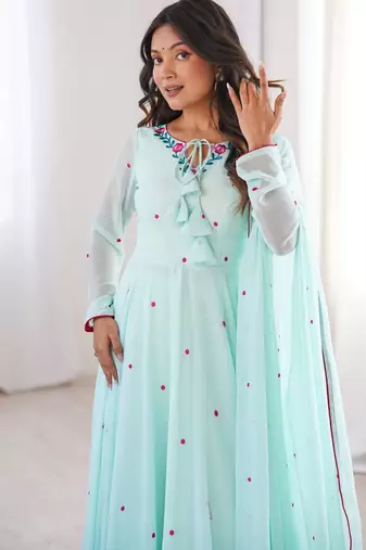 Women sky blue gorgette embroidery work detailing kurta set with dupatta