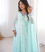 Women sky blue gorgette embroidery work detailing kurta set with dupatta