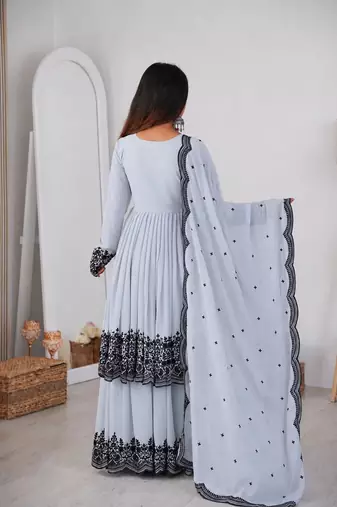 Women white gorgette embroidery work detailing kurta set with dupatta