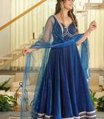 Women blue silk embroidery work detailing kurta set with dupatta
