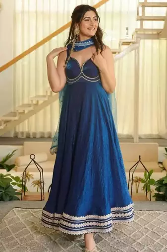 Women blue silk embroidery work detailing kurta set with dupatta