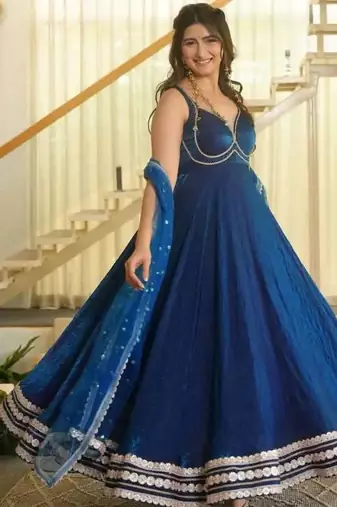 Women blue silk embroidery work detailing kurta set with dupatta