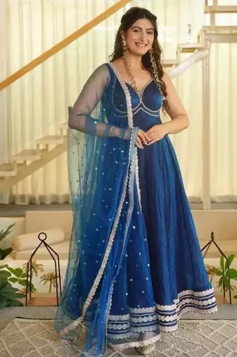 Women blue silk embroidery work detailing kurta set with dupatta