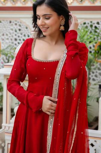 Women red gorgette embroidery work detailing kurta set with dupatta