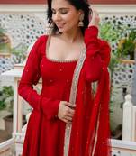 Women red gorgette embroidery work detailing kurta set with dupatta