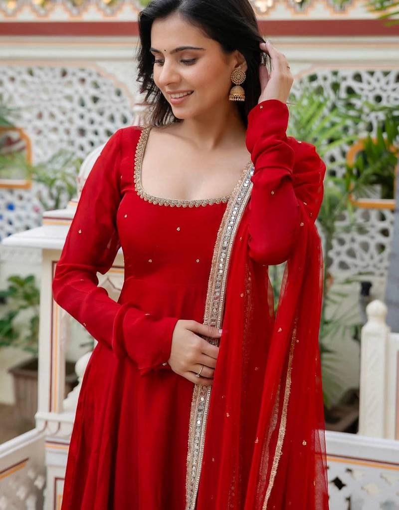 Women red gorgette embroidery work detailing kurta set with dupatta