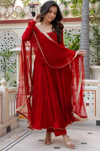 Women red gorgette embroidery work detailing kurta set with dupatta