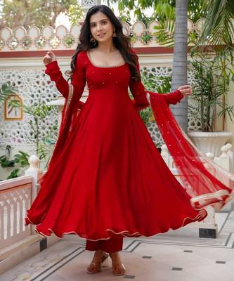Women red gorgette embroidery work detailing kurta set with dupatta 3