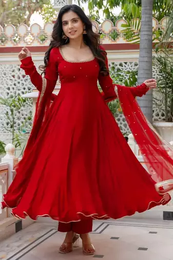 Women red gorgette embroidery work detailing kurta set with dupatta
