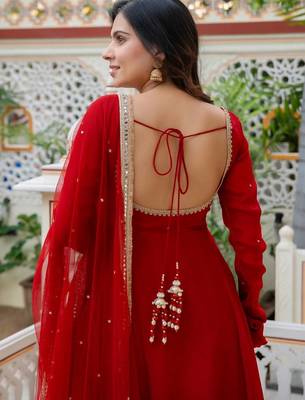 Women red gorgette embroidery work detailing kurta set with dupatta 4