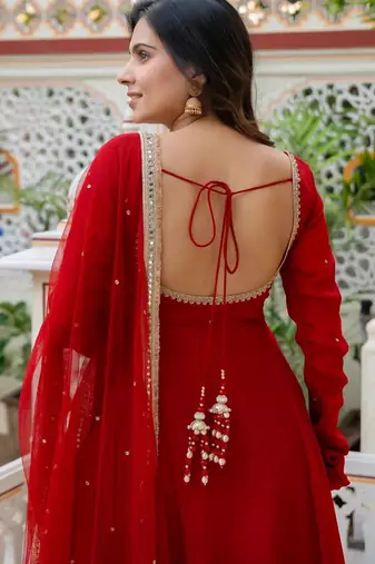 Women red gorgette embroidery work detailing kurta set with dupatta