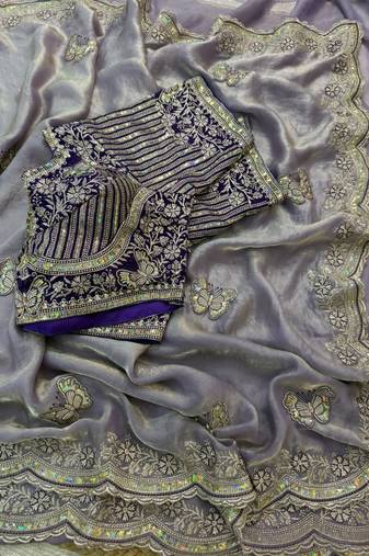 new fancy soft fendy satin embroidered work saree with blouse