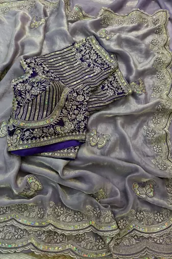 new fancy soft fendy satin embroidered work saree with blouse