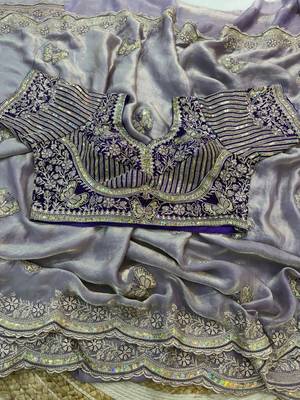 new fancy soft fendy satin embroidered work saree with blouse 2